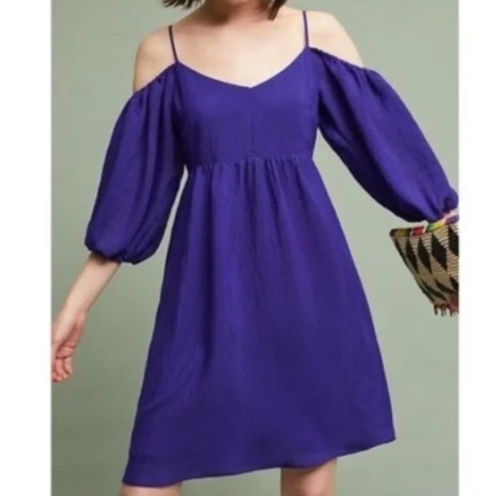 Moulinette Soeurs Anthropologie Carina Open Shoulder Blue Dress, Small